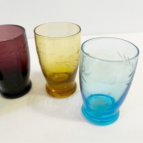 Depression Glass Wheat Pattern Cordial Shot Glass Multicolor Hand Cut Liqueur 4x - Picture 7 of 7